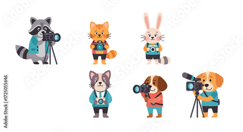 Cartoon animals holding cameras on tripods, a set of six different animal photographers.