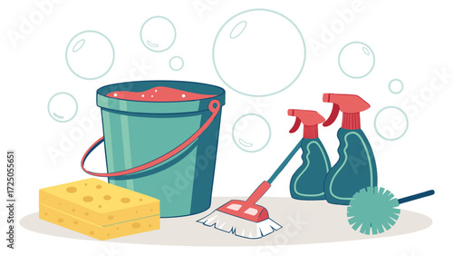 Illustration of cleaning supplies including a bucket, sponge, spray bottles, and a mop.