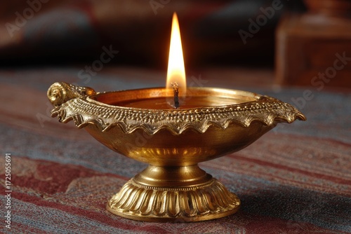 Lit oil lamp gold bowl on patterned fabric flame visible