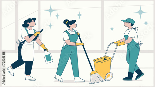 Three women in cleaning uniforms working together to clean a bright, modern space with large windows.