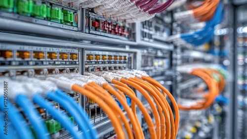 Colorful network cables connect various servers in a data center. This setup highlights advanced technology designed for fast communication and data transfer