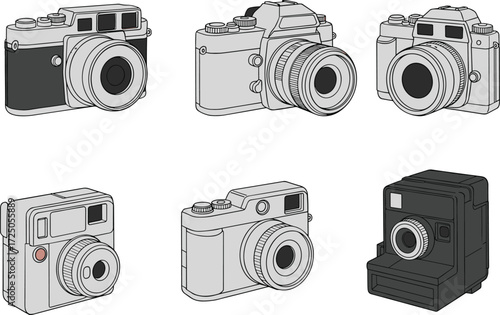 Camera icon set, DSLR silhouette, vintage design, instant film, photography gear, compact device, tech vector, photo tool, retro graphic, lens equipment