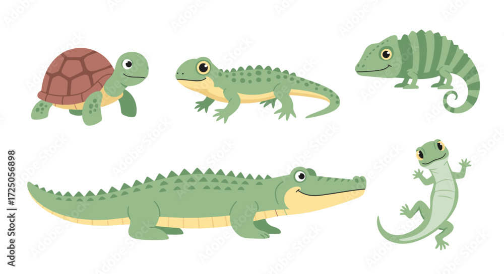 Obraz premium Cute cartoon reptiles, including a turtle, lizard, chameleon, and crocodile, displayed in a row.