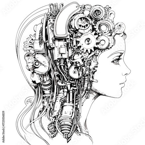 Vintage vector illustration of a woman’s face with a hat and tattoo in a floral grunge sketch design