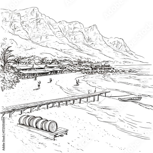 Winter mountain landscape sketch with snowy trees river and small town
