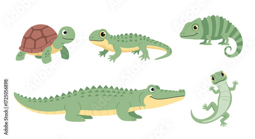 Cute cartoon reptiles, including a turtle, lizard, chameleon, and crocodile, displayed in a row.