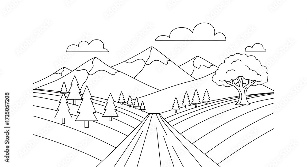 Fototapeta premium Dotted line drawing of a road leading to mountains with trees and clouds