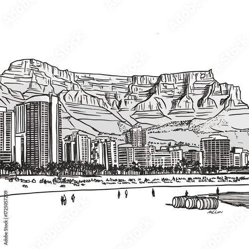Vintage city skyline sketch illustration with buildings and urban landscape