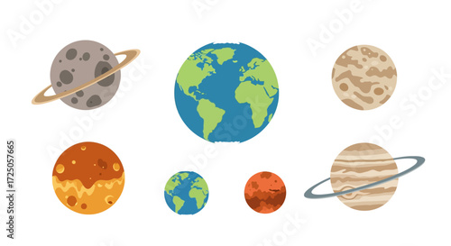 A collection of cartoon planets, including Earth, Mars, and others, showing varied surfaces and rings.