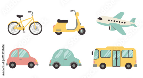 A collection of six different modes of transportation including a bicycle, scooter, airplane, two cars, and a bus.