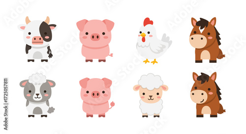 Illustration of cartoon farm animals including cows, pigs, chickens, sheep, and horses arranged in two rows on a white background.