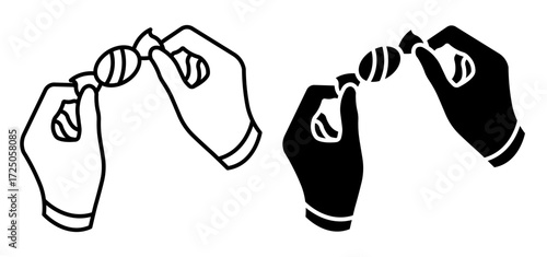 Line icon. Hands of a sweet tooth unwrap a caramel in a wrapper. Simple black and white vector isolated on white background