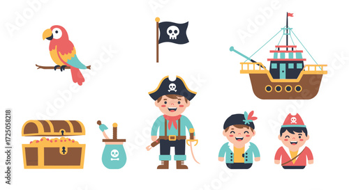 Cartoon illustration featuring a pirate boy, pirate ship, parrot, treasure chest, flag, and other pirate-themed elements.
