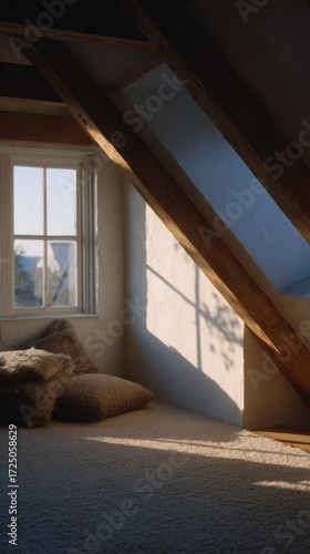 Sunlight spills through rustic attic beams onto velvety cushions, evoking Hygge coziness and Swedish Midsummer tranquility