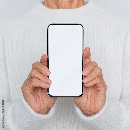 Close-up of hands holding a smartphone with a blank screen, against a light background.  Elderly person wearing a cream-colored sweater.  Focus on the phone and hands