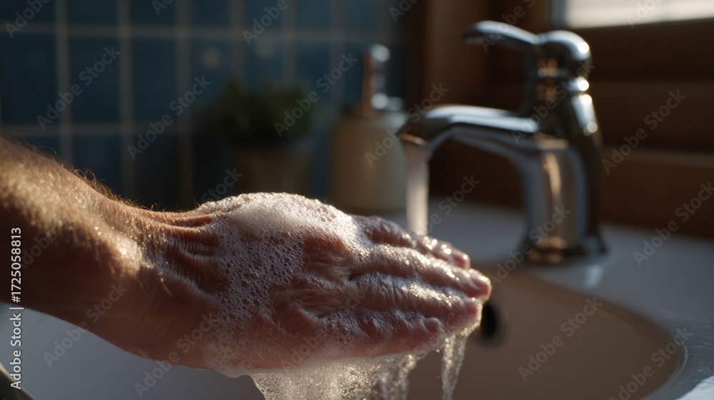 Fototapeta premium Sophisticated suds dance on hands, mundane moments meet World Handwashing Day, promoting health and wellness in intimate ritual