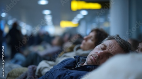 Sleeping travelers in twilight airport, impromptu dreamland during layover limbo, Restful Escape Day, International Siesta Week