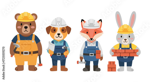 Cartoon animals dressed as construction workers: a bear with a hammer, a dog with blueprints, a fox with a wrench, and a rabbit with bricks.