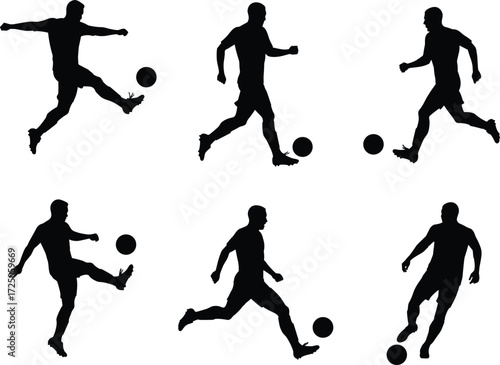 Soccer player silhouette, football action, dynamic pose, ball control, sports icon, kicking motion, athletic design, vector graphic, game movement, training art