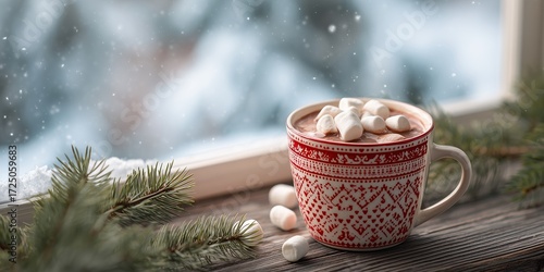 Wallpaper Mural A ceramic mug with red and white Christmas pattern is filled with hot chocolate and topped with marshmallows. Torontodigital.ca