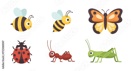 Cartoon insects including bees, a butterfly, ladybug, ant, and grasshopper, arranged in a two-row group.