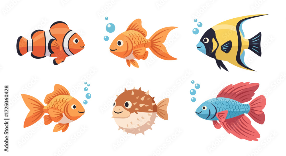 Fototapeta premium A colorful illustration showcasing various cartoon fish swimming with bubbles, displaying different shapes and patterns.
