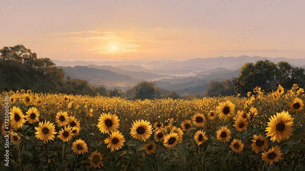 Fototapeta premium Sunrise over a field of sunflowers with rolling hills in the background