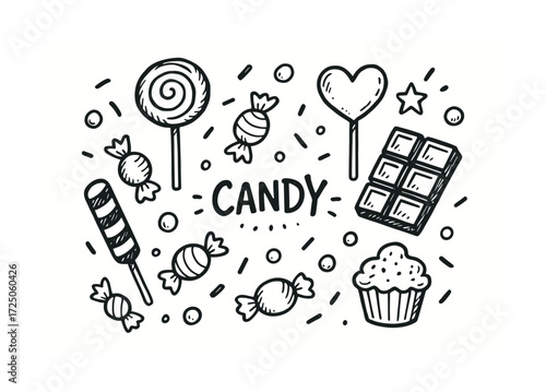 Hand-drawn sweets: lollipop, cupcake, chocolate, and candy illustration