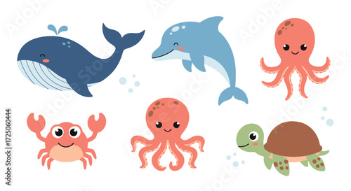 Cartoon illustration of various marine animals including a whale, dolphin, octopus, crab, and turtle, all with cute, smiling faces.