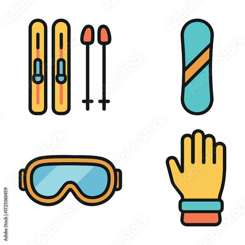 Colorful skiing and snowboarding equipment icons set on white background