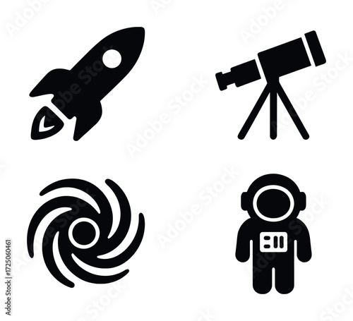 Space exploration icons: rocket, telescope, galaxy, astronaut