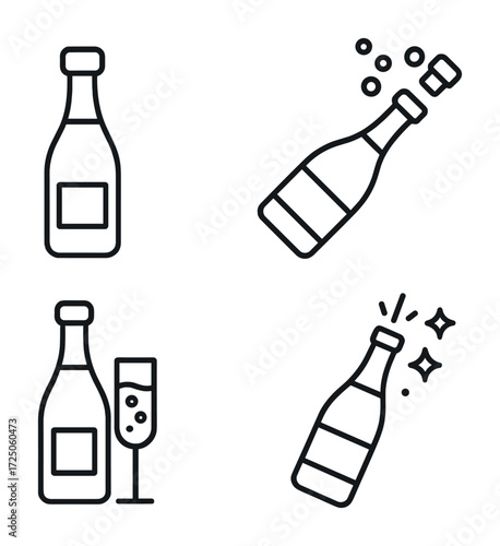 Black and white icon set of wine and champagne bottles with glasses and cork