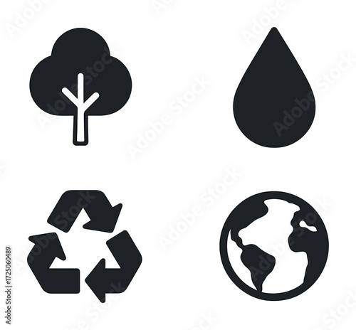Environmental icons: tree, water, recycling, earth symbolizing sustainability
