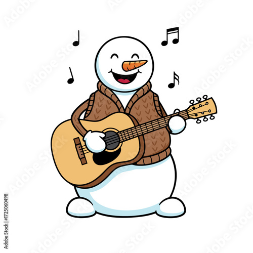 A Cheerful Snowman Playing Acoustic Guitar with Musical Notes