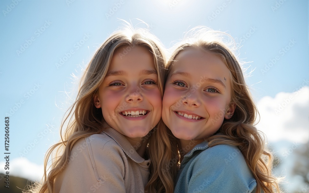 Obraz premium Lovable caucasian girls expressing positive emotions to camera. Outdoor photo of refined sisters posing on sky background. High quality