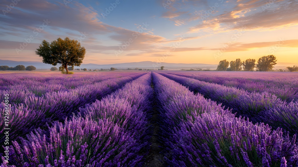 Obraz premium Rows of lavender in a field at sunset with a lone tree