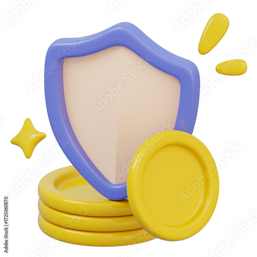 Shield stands amidst a stack of gold coins representing reward safe investment