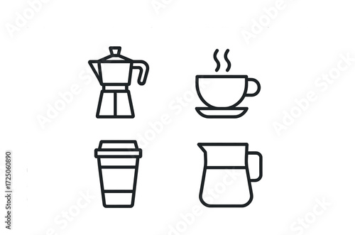 Set of coffee icons: moka pot, cup, to-go cup, and carafe in minimalist style