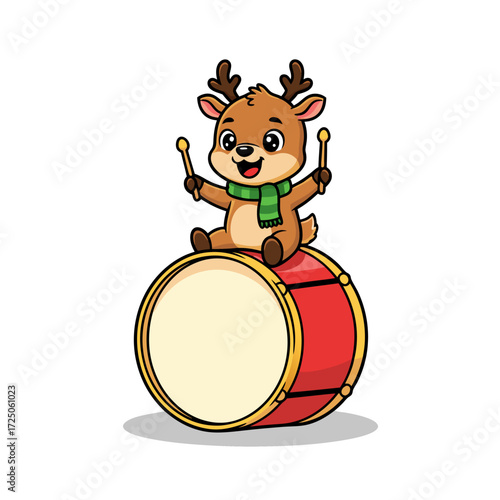 Adorable cartoon reindeer playing drums with drumsticks, bringing festive cheer and musical joy to celebrations