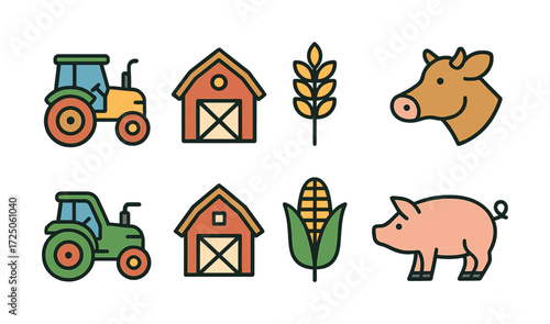 Colorful farm icons: tractor, barn, wheat, corn, cow, pig illustrations