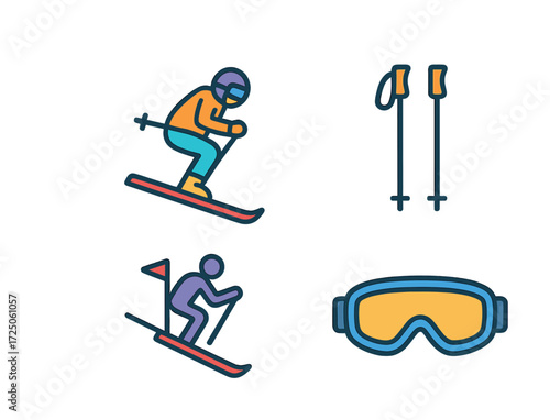Skiing equipment and skiers illustrated icons set