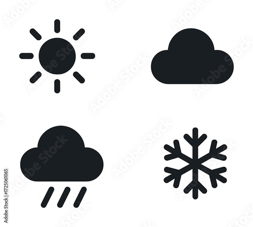 Set of weather icons: sun, cloud, rain, snowflake