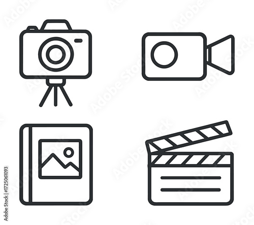 Line icons of camera, camcorder, photo album, clapperboard