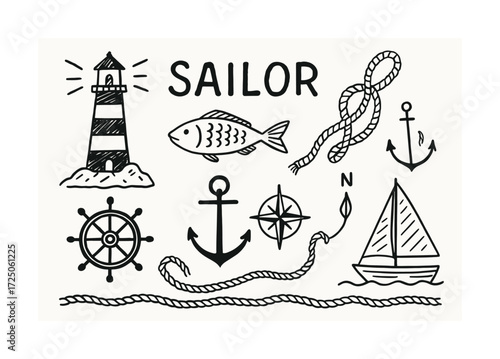Nautical elements of sailing: lighthouse, fish, rope, anchors, compass, ship wheel, sailboat