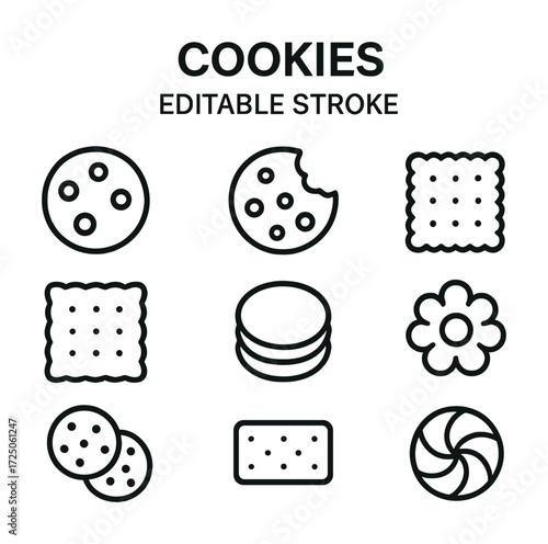 Variety of cookie icons in editable stroke style