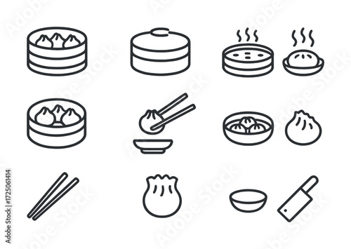 Line art icons of dumplings and dim sum with chopsticks and steamer baskets