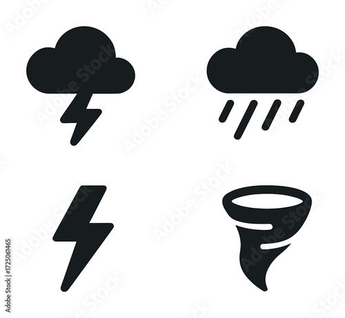 Weather symbols: storm cloud, rain, lightning bolt, tornado icon set