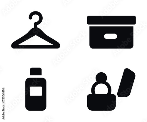 Minimalist icons of hanger, storage box, lotion bottle, and spray paint