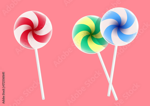 Striped round lollipop. Cartoon vector isolated on pink background