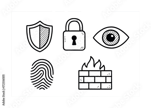 Cybersecurity elements: shield, lock, eye, fingerprint, firewall icons